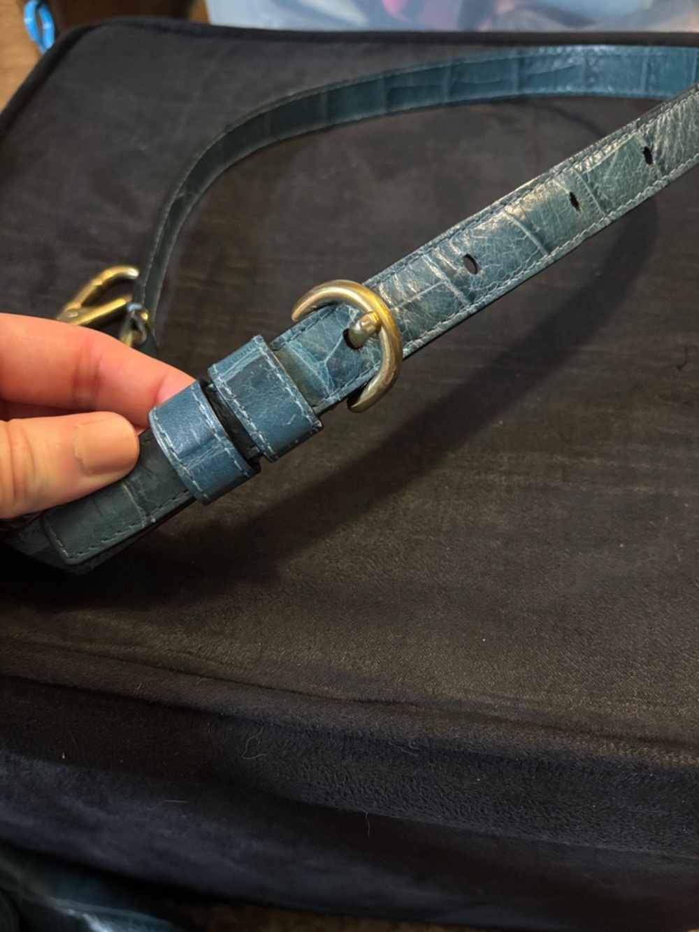 Teal Croc-Embossed Leather Tote Bag with Gold Hardware - Picture 12 of 16